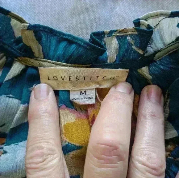 LOVESTICH Love Stitch Women's Med Boho Long Sleeve Blue Green Floral Blouse - Picture 7 of 11